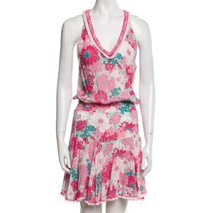 Poupette St Barth A-Line Dress, Pink Floral with detail trim, Size M
